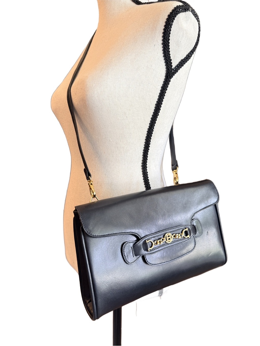 Vintage Bally Black Leather Shoulder Bag with Gold Hardware